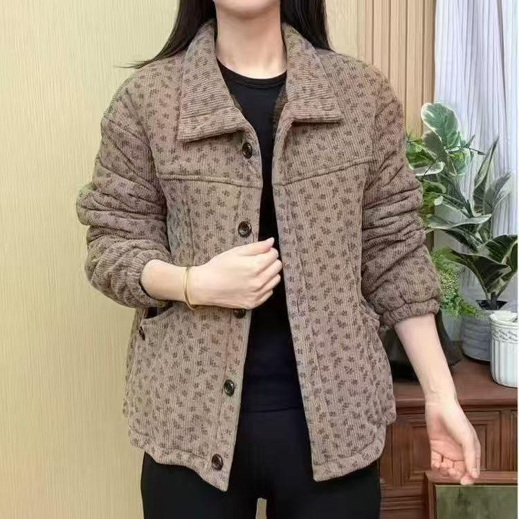 

2025 Autumn/Winter Floral Lapel Jacket for Middle-Aged & Elderly Women with Large Pockets 2XL (recommended 105-120 jin) хакі