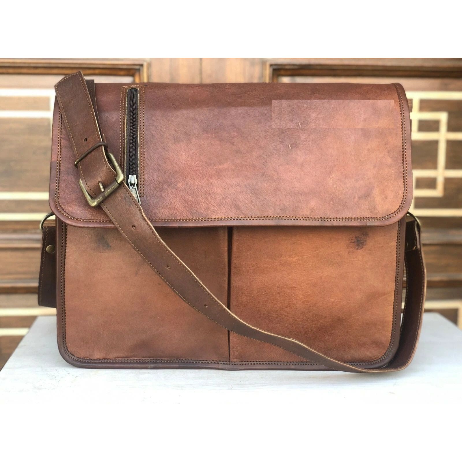 

Мужская винтажная сумка-портфель из натуральной кожи для ноутбука через плечо, сумка для хранения 18 x 14 x 6 in