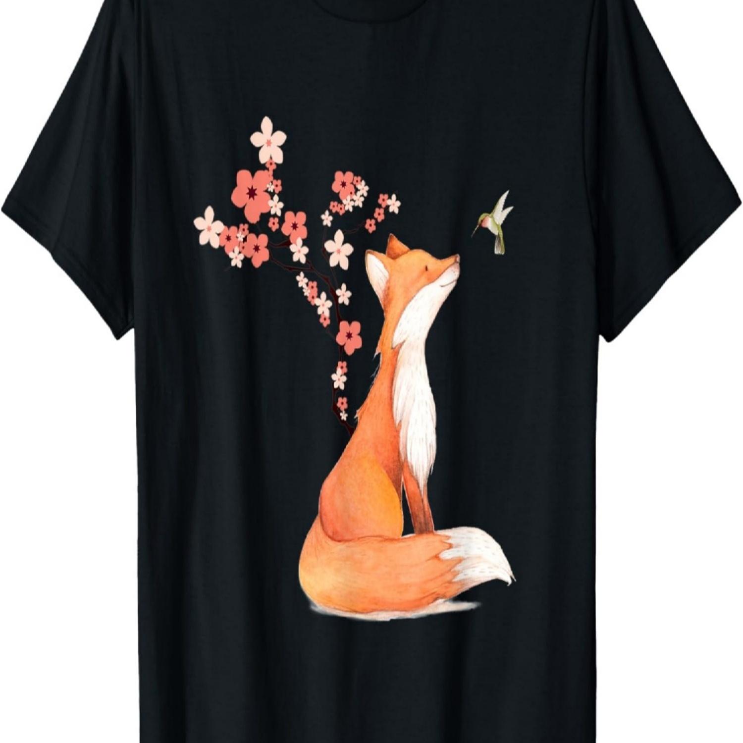 The Cute Fox And Hummingbird Cherry Blossom Flower Present T-Shirt(1) S