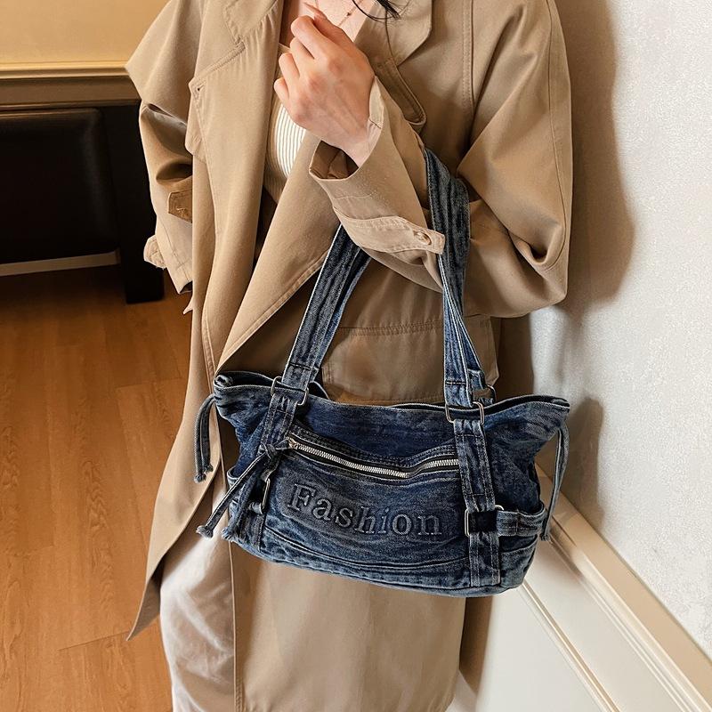 Large Capacity Commuter Tote Bag Women's Denim Shoulder Crossbody Bag