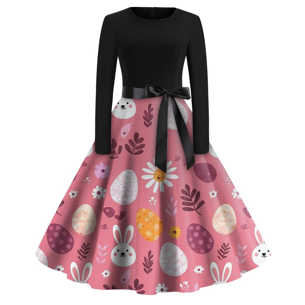 Women's Fashion Round Neck Casual Slim-fit Easter Printed Large Swing Long Sleeve Dress