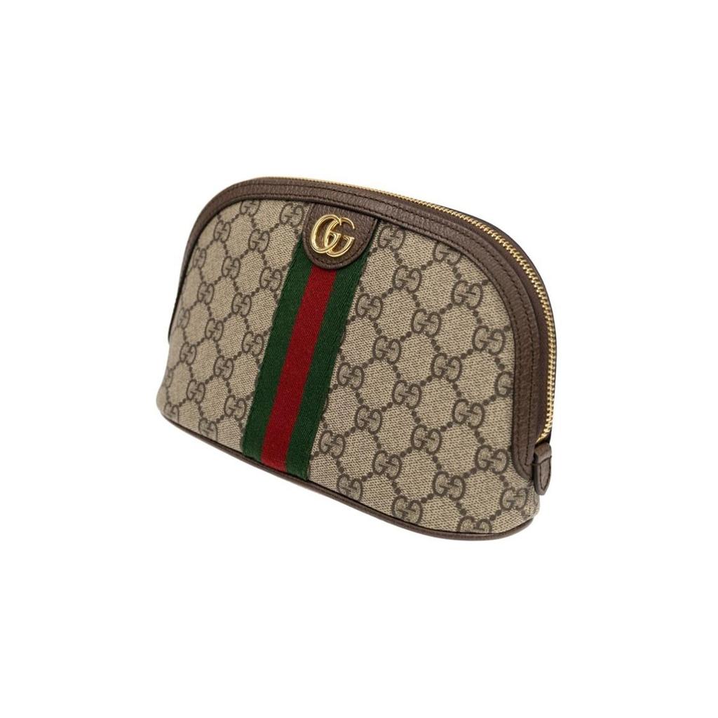 Gucci Ophidia altes Blumenlogo gestreiftes Gurtband Canvas-Aufnäher Leder Handtasche Kulturtasche Kosmetiktasche großes Damenmodell schwarzholz/braun