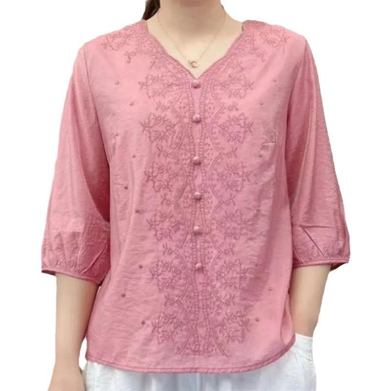 

Летний женский ретро вышитый тенсел хлопок лен V-образный вырез для женщин среднего возраста больших размеров свободный топ 5XL розовый