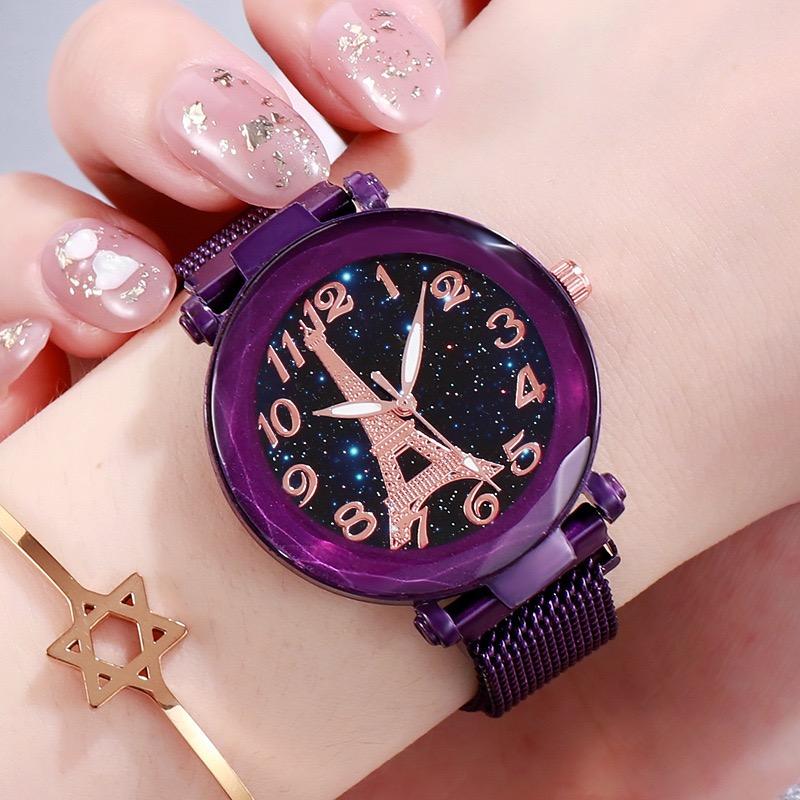Fashion Digital Starry Sky Watches Women Mesh Band Quartz Wristwatches Ladies Magnet Watches Gift
