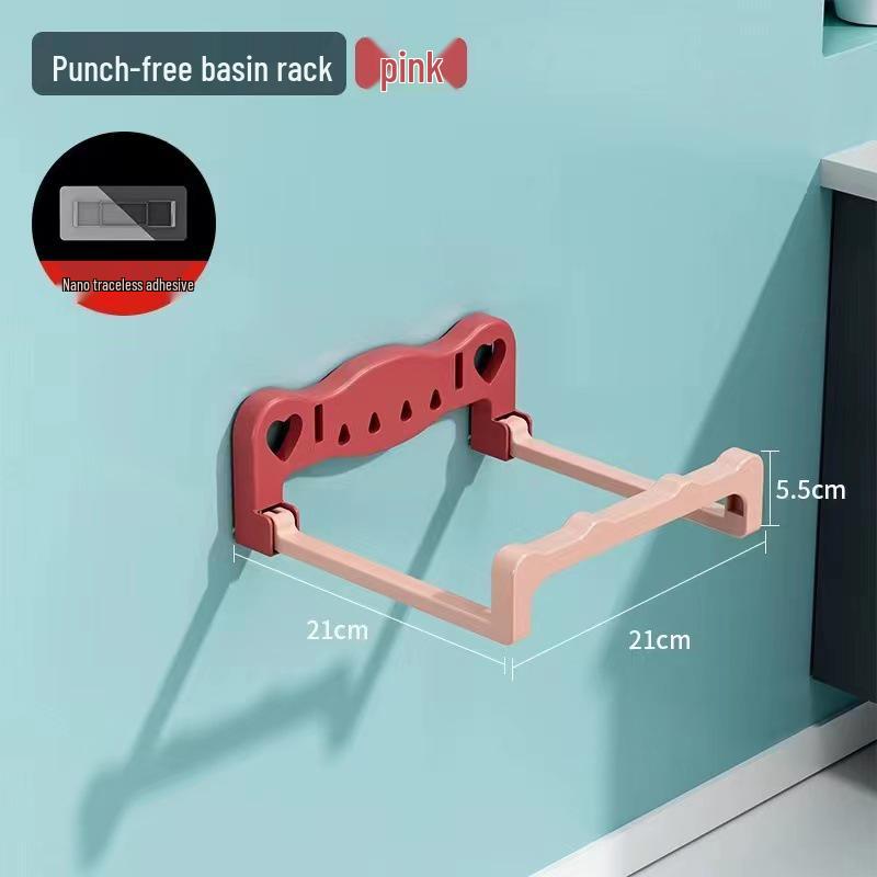 Foldable Wall-Mounted Washbasin Rack for Kitchen & Bathroom - Punch-Free Storage Solution.