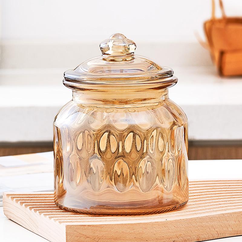 Creative Amber Plaid Striped Glass Jar Sealed Tea Candy Jar Kitchen Food Storage Container Clear Glass Bottle Box Home Decor