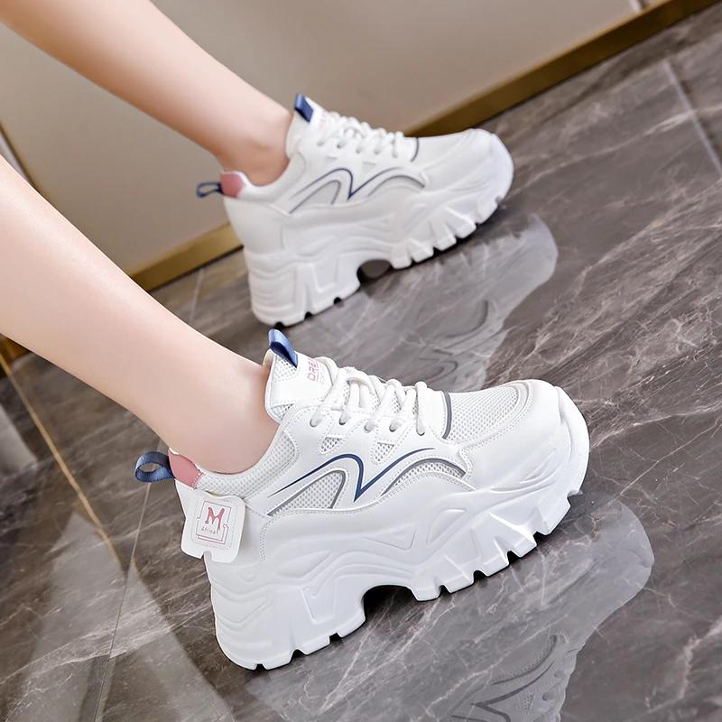 Women'S Chunky Platform Sneakers  Summer Breathable Mesh Non-Slip Sports Shoes Women Lace-Up Thick Bottom Vulcanized Shoes