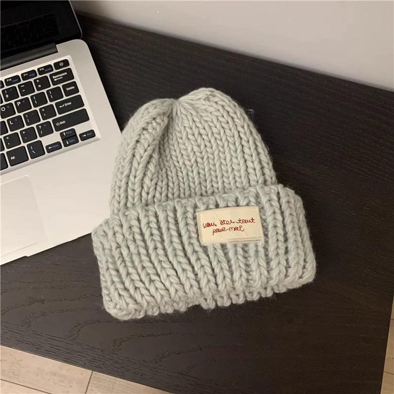 Big Head Circumference Patch, Blue Knitted Wool Hat, Women's Face In Autumn and Winter, Small Versatile Hat, Ear Protection, Cold Hat