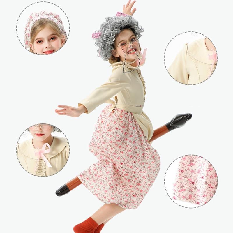 10pcs Kids Old Lady Costume Set 100th Day of School Costume for Halloween Cosplay Props for Girls
