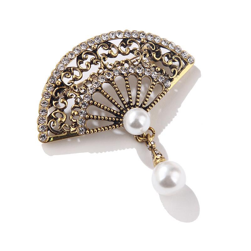 

Chinese Style Fan Pearl Brooch Retro Fashion Cheongsam & Jacket Pin Long-lasting Color Exquisite Women s BFF Gift Accessory