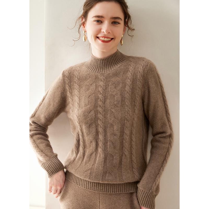 Damen Kaschmir Zopfmuster Pullover - Halboher Kragen, Langarm, Unifarbe, Warme & lässige Basisschicht