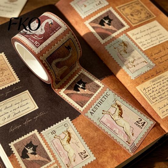 Scrapbooking Washi Tape Vintage Stamp Roll, Aesthetic Decorative Masking Tape, Retro Adhesive for DIY Art Crafts, Journaling