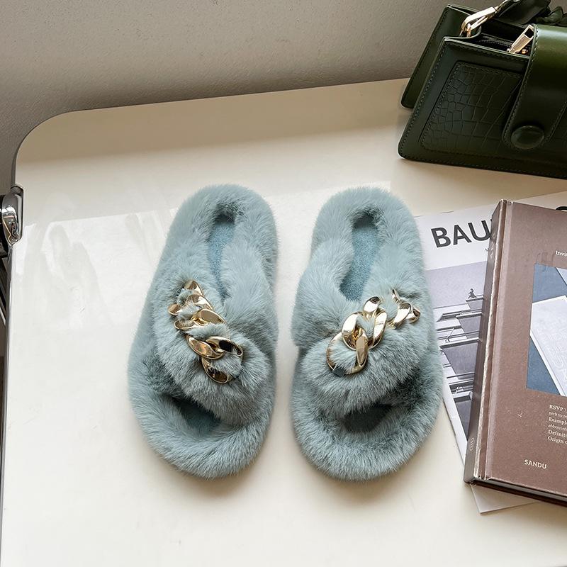 European goods heightened thick-soled fluffy slippers women wear high-end explosion spring and autumn chain Internet celebrity cross plush slippers