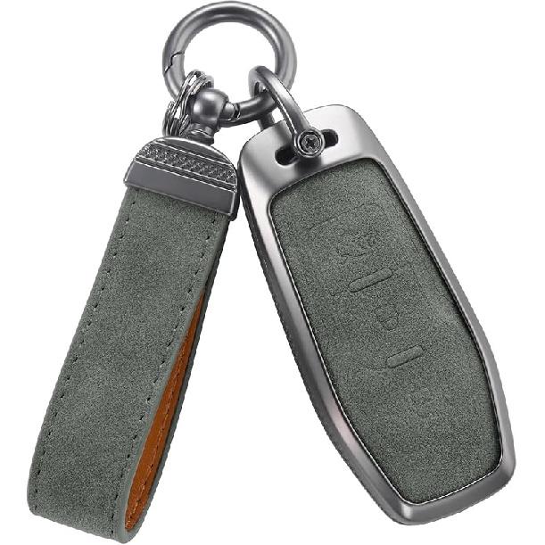 YO&YOYE Compatible With Ford Key Fob Cover With Keychain Leather Key Case Protector (Model3, Grey)