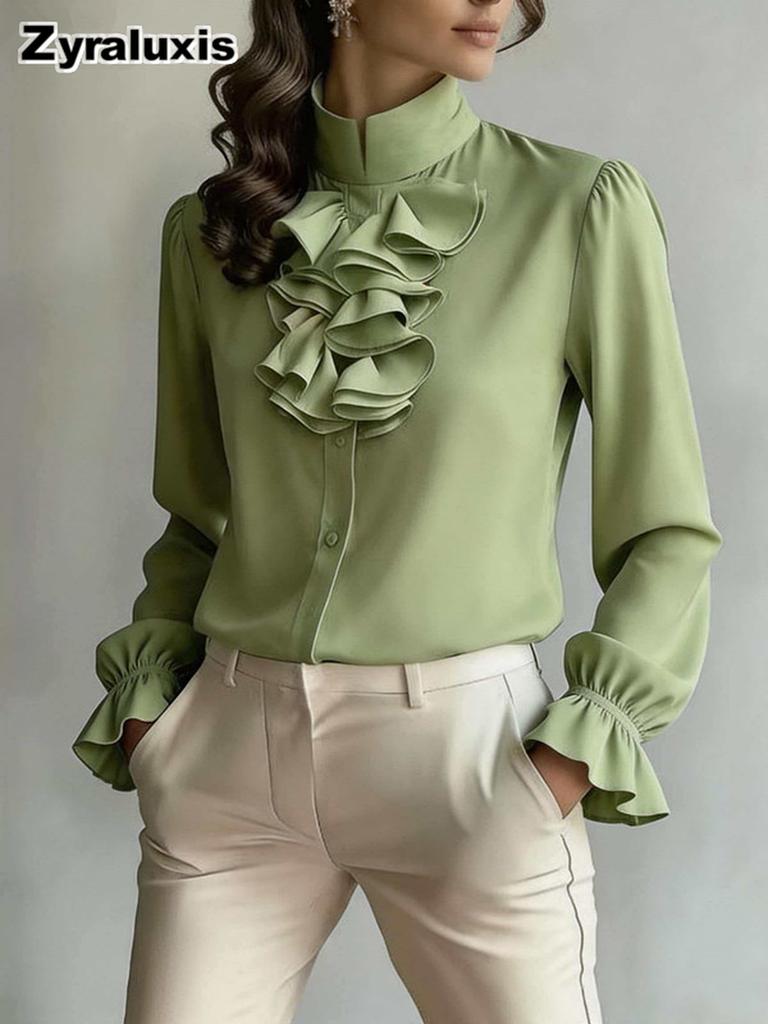 New Style Chic Casual Loose Collar Solid Color Ruffled Shirt for Women