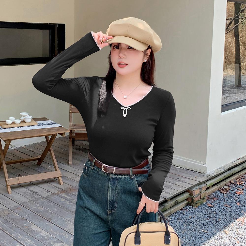 

Рубашка больших размеров с V-образным вырезом и бантом из бисера для женщин 3XL чёрный