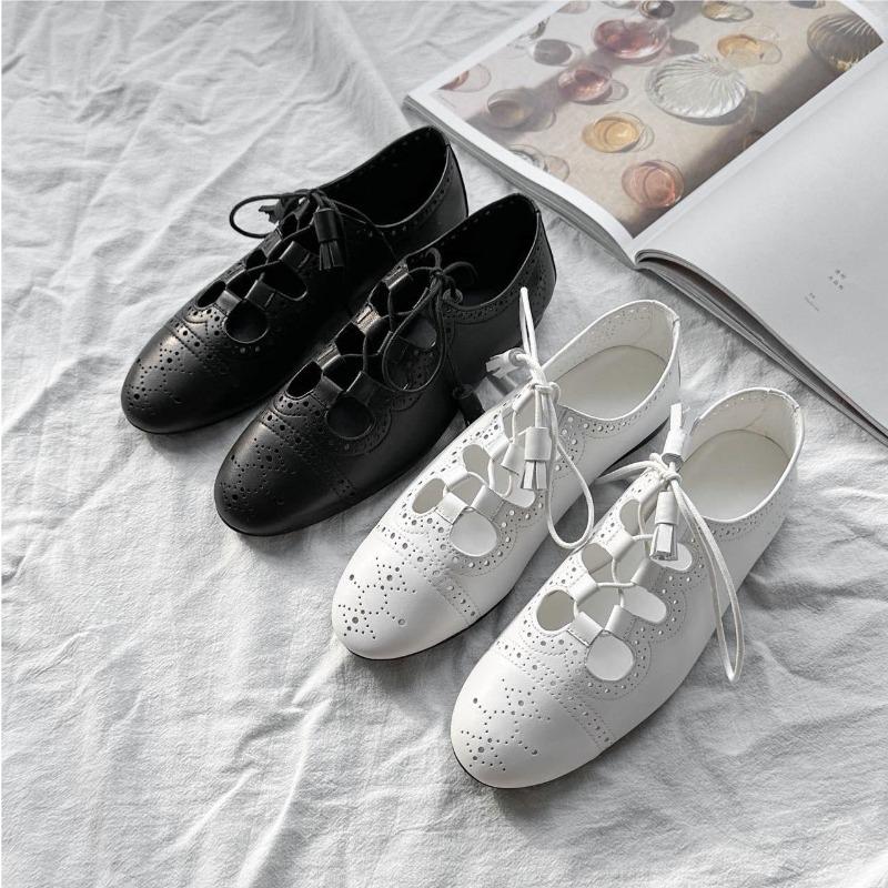 Fashion Classic Fretwork Polka Dot Sheepskin Fringe Lace-Up Woman Flats Solid Hollow Cross-Tied Sewing Mary Janes Zapatos Mujer 35-40