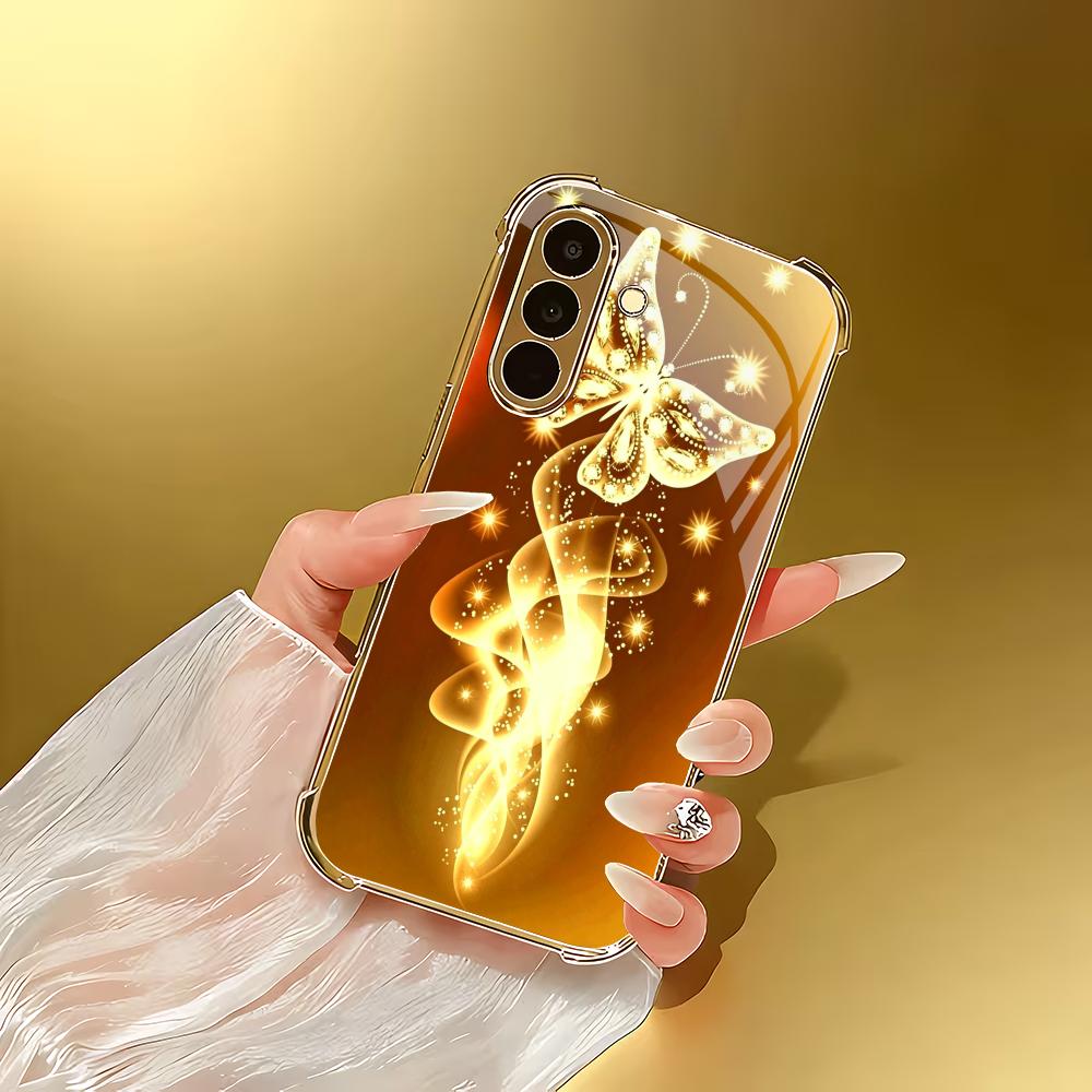 Golden butterfly plated glass phone case suitable for Samsung Galaxy S26 S25 S24 S23 S22 S20 FE/Ultra/Plus anti drop back cover