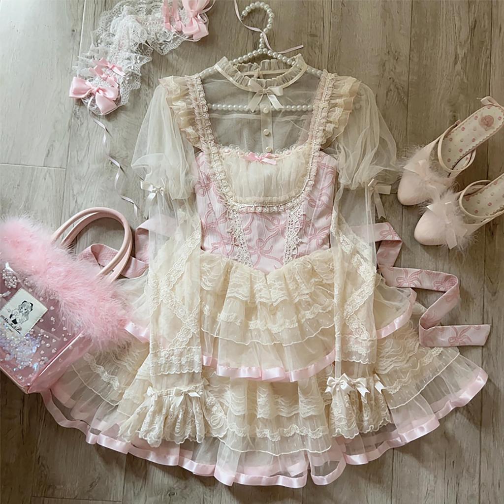 XHSUKADO Lolita JSK Jumper Skirt with Dreamy Cute Gothic Lolita Outfit with Ruffles and Mori Girl Princess Lolita Idol Size M Ribbon, Women's