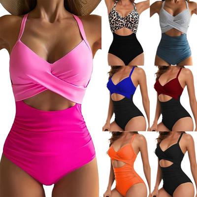 Costume da bagno intero da donna con stampa floreale senza schiena, con fascia incrociata leopardata, bikini sexy