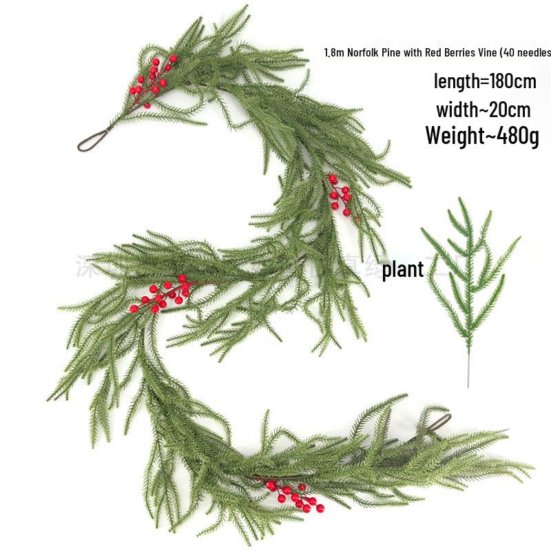 Artificial Norfolk Pine Wreath with Red Berries & Rattan Vines for Cross-Border Christmas Decoration