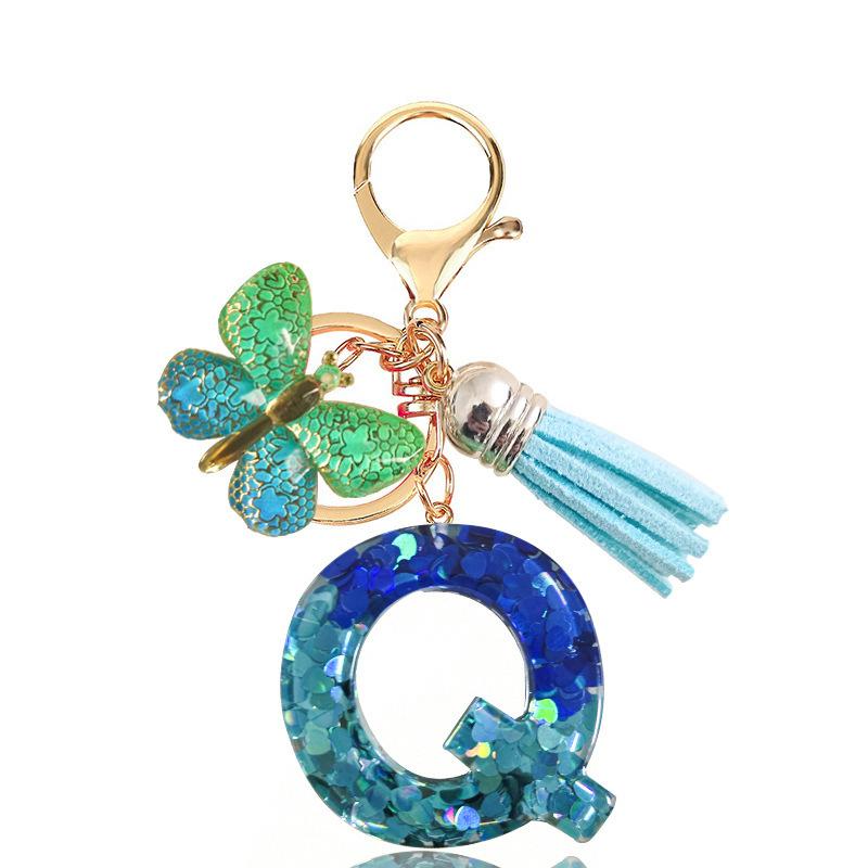 Fashion Blue Glazed Stone A To Z Letter Keychain 26 Initials Alphabet Butterfly Tassel Pendant Car Key Chain Women Jewelry GIfts