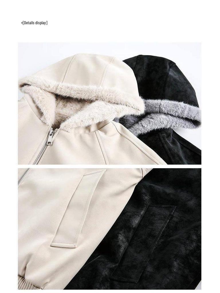 Unisex Lychee Pattern Heavy-Duty Hooded Leather Jacket with Fur Collar - Thickened Winter Coat