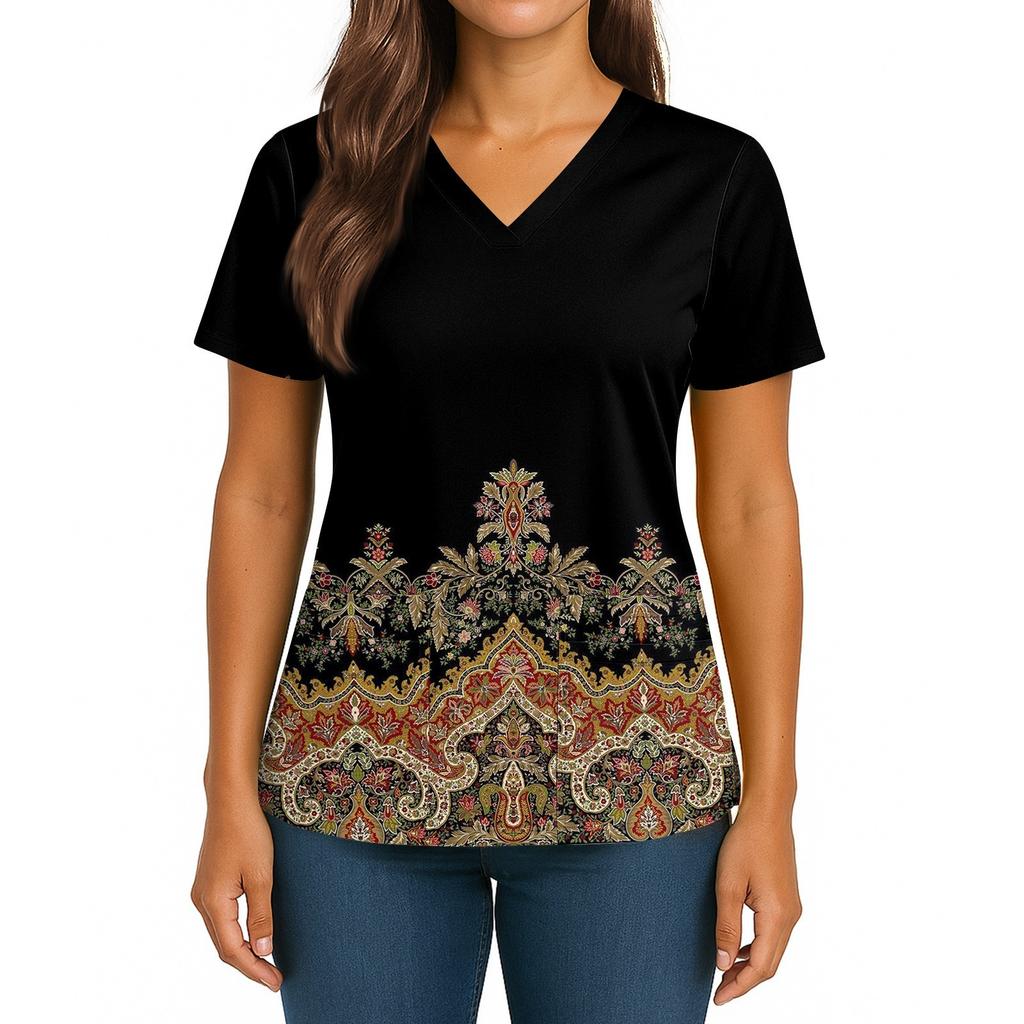 Women's Fashionable Printed V Neck Double Pocket Short Sleeved Shirt With Slit Hem Uniform And Worker Top