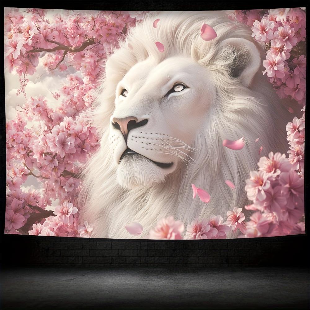 Sakura White Lion Tapestry Beautiful Flower Wall Carpet Dreamy Pink Sakura Animal Art Living Room Decoration 100X70CM