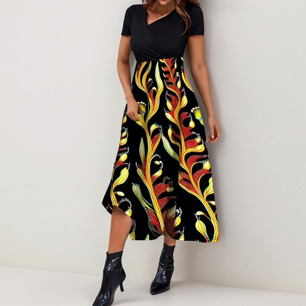 Women's Summer Maxi Dress 2025 Floral Wrap V Neck Puff Short Sleeve Ruffle Beach Resort Long Dresses