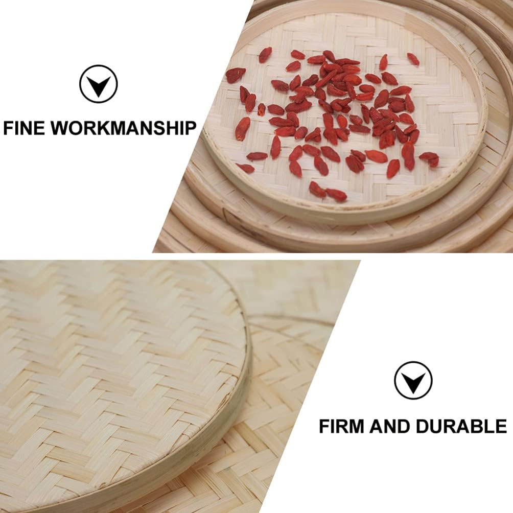 4 Pcs Handwoven Flat Wicker Round Fruit Basket Woven Food Storage Weaved Shallow Tray Organiser Vegetable Fruit Bowl DIY Drawing Board Wall Basket
