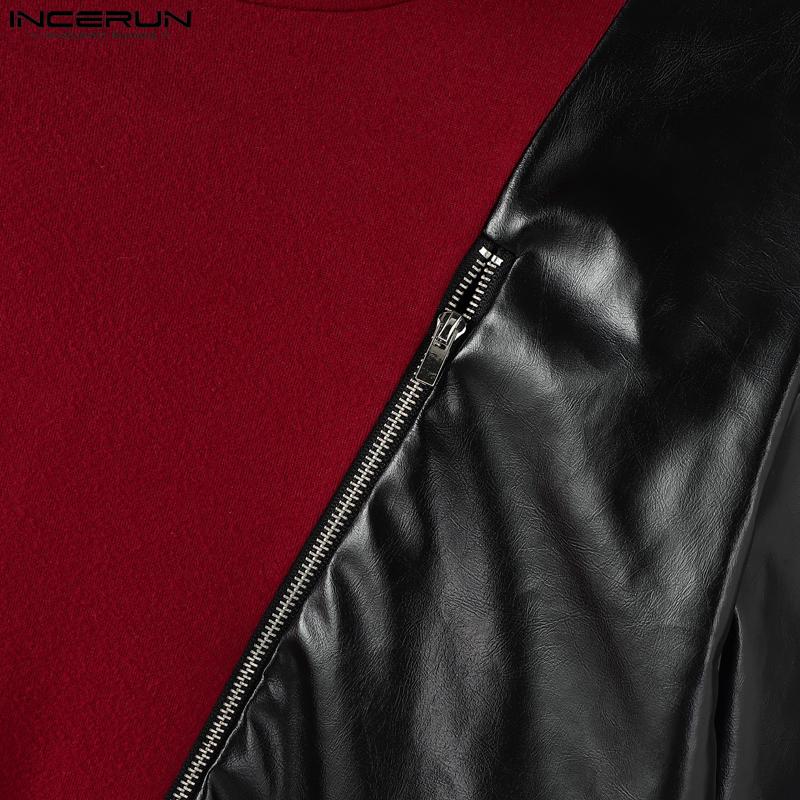 INCERUN Autumn Men's High Neck Long Sleeve PU Patchwork Irregular Casual T-shirts Undershirts