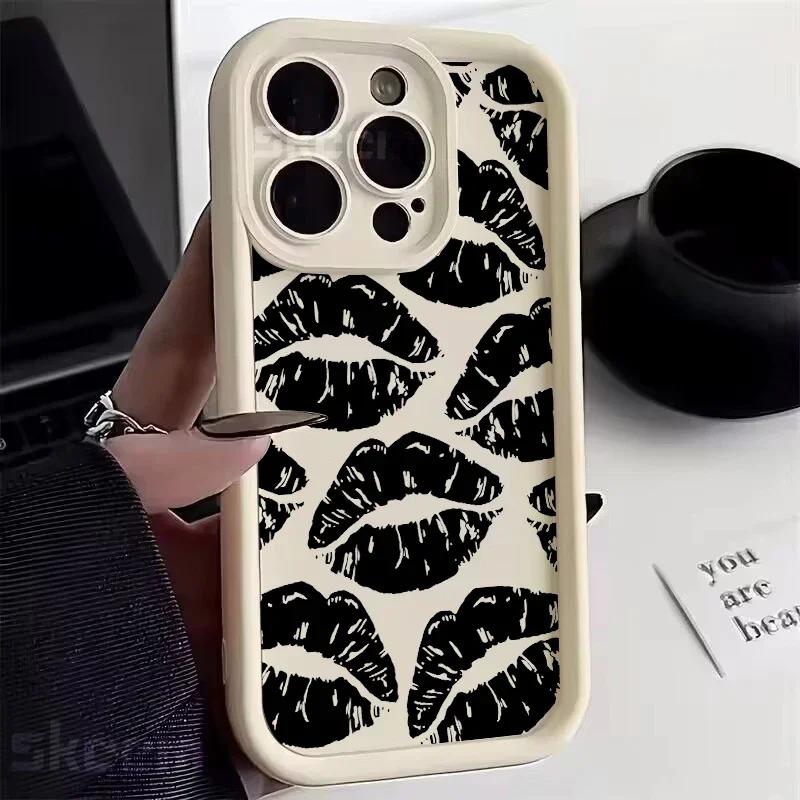 Black Lips Kiss Print Soft Silicone Phone Case For iPhone 16 15 Pro Max 14 13 12 11 Pro Max 7 8 15 Plus X XS XR Shockproof Cover