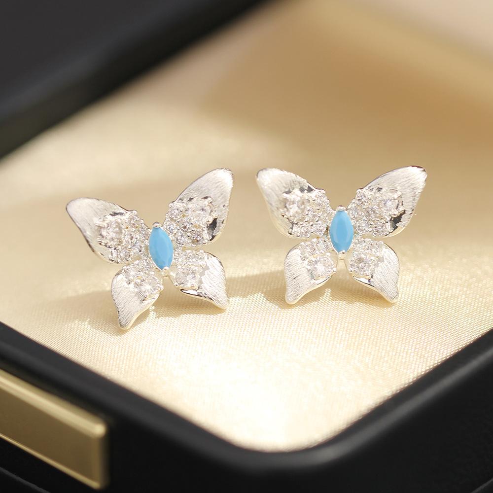New exquisite diamond-encrusted blue butterfly earrings gold and silver brushed craft stud earrings 925 silver needle women's earrings