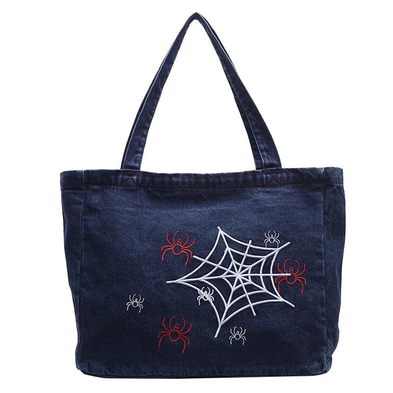 Vintage Gothic Anime Spider Web Printed Denim Bag Casual Commuter Large Capacity Shoulder Oblique Span Bag