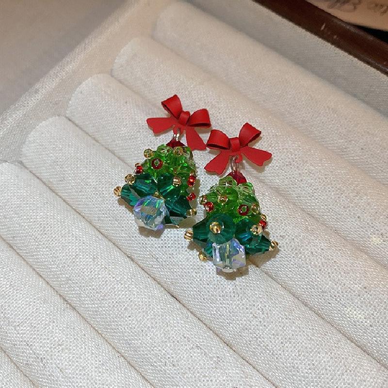 Trendy Red Bow Green Christmas Tree Drop Earrings for Women Silver Plated Needle Xmas Party New Year Jewelry Gift