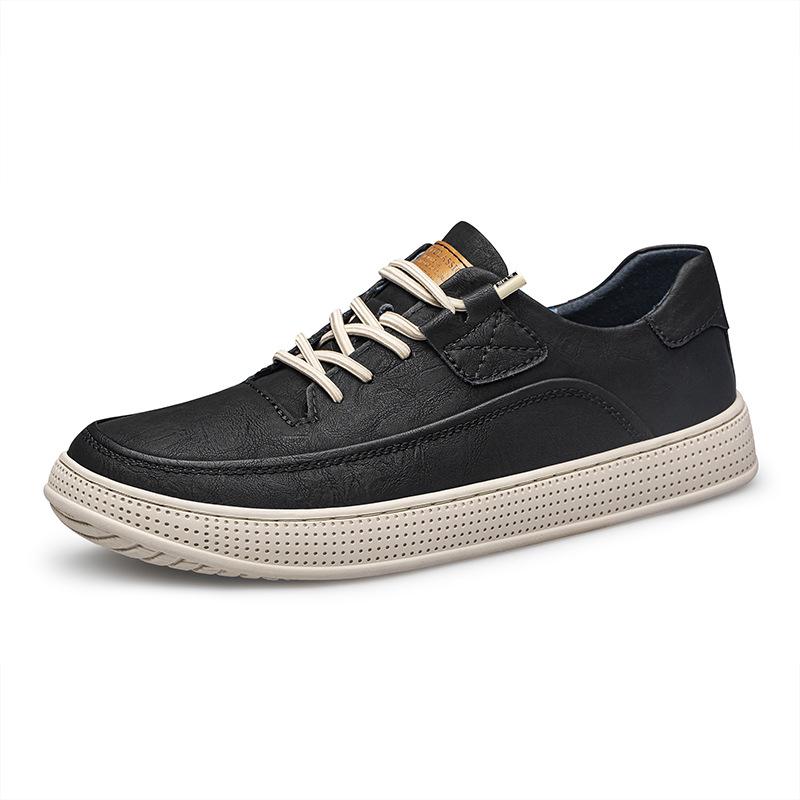 Men s Round Toe Canvas & Cowhide Breathable Casual White Sneakers with Thick Sole 47 чёрный