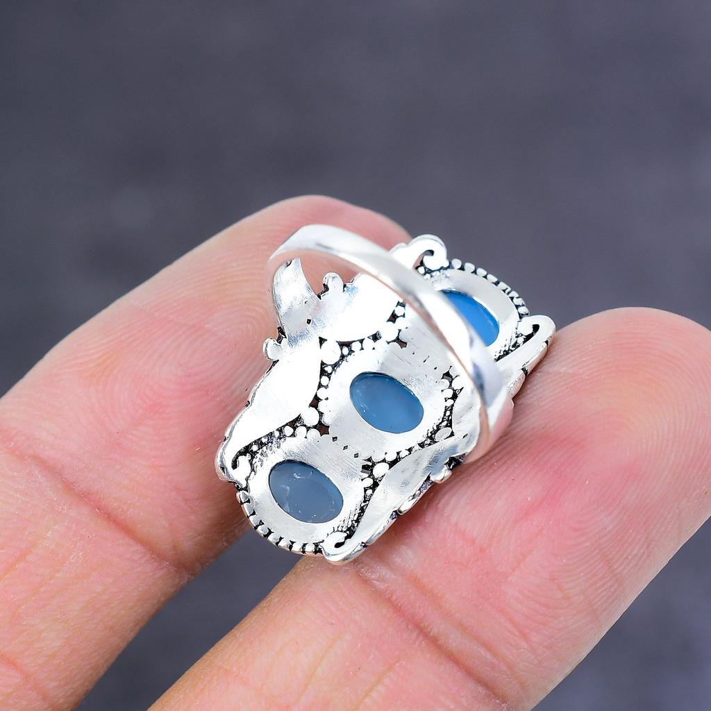 Natural Aqua Chalcedony Gemstone Handmade 925 Sterling Silver Ring Size 7 r7I94