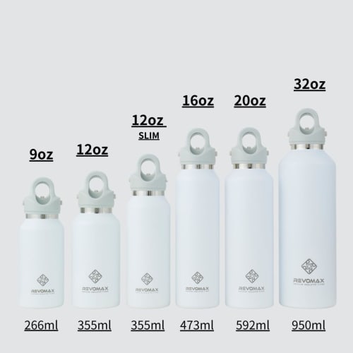 [REVOMAX Official] 12oz Slim 355ml Stainless Steel Bottle (Cap Sold Separately), Carbonated, Keeps Hot Drinks Hot for 18 Hours, Cold for 36 Hours, Vac