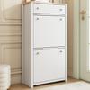 Modern Shoe Cabinet with Drawer, 2 Flaps, Adjustable Shelves and Metal Handles, White/Wood Look, for Hallway & Entryway, 50 x 24 x 95 cm