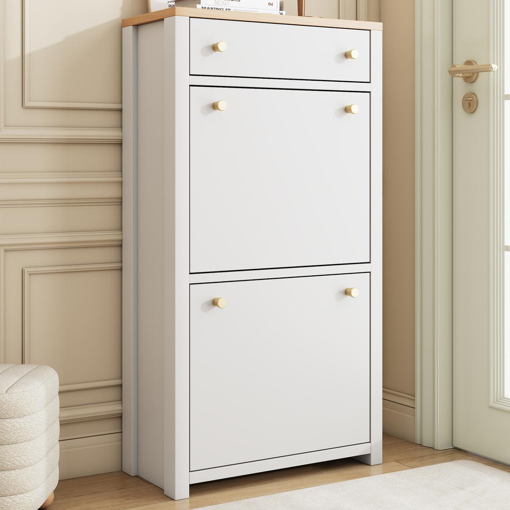Modern Shoe Cabinet with Drawer, 2 Flaps, Adjustable Shelves and Metal Handles, White/Wood Look, for Hallway & Entryway, 50 x 24 x 95 cm