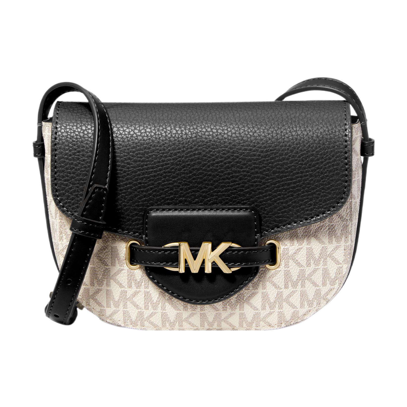 Michael Kors MK Reed Magnetic Flap Color Block Classic Monogram Canvas And Leather Saddle Bag Women Shoulder Bag 35F3G6RC1B-150 Vanilla White/Black