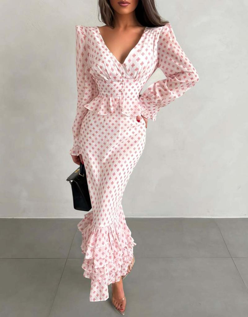 European and American Cross-border Women's Clothing 2026 Spring New Long-sleeved Horn-sleeved Ruffle Edge Printed V-neck Slim-fitting Temperament Dres