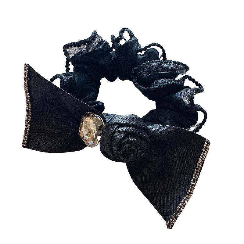 Korean Retro Rose Bow Hair Tie - Elegant Ponytail Rubber Band with Floral Accent