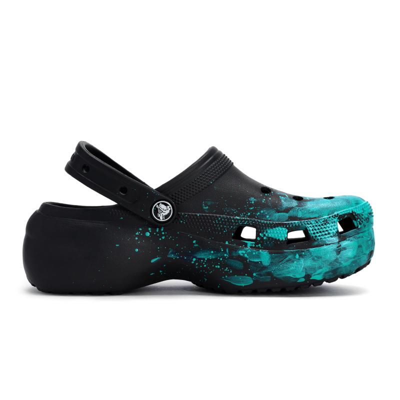 Crocs Classic Platform Clog 811 Manufacture Roaming Scene Special Shoe Box Ink Splash Techno-Sense Hole Shoes Women's Black Tiffany