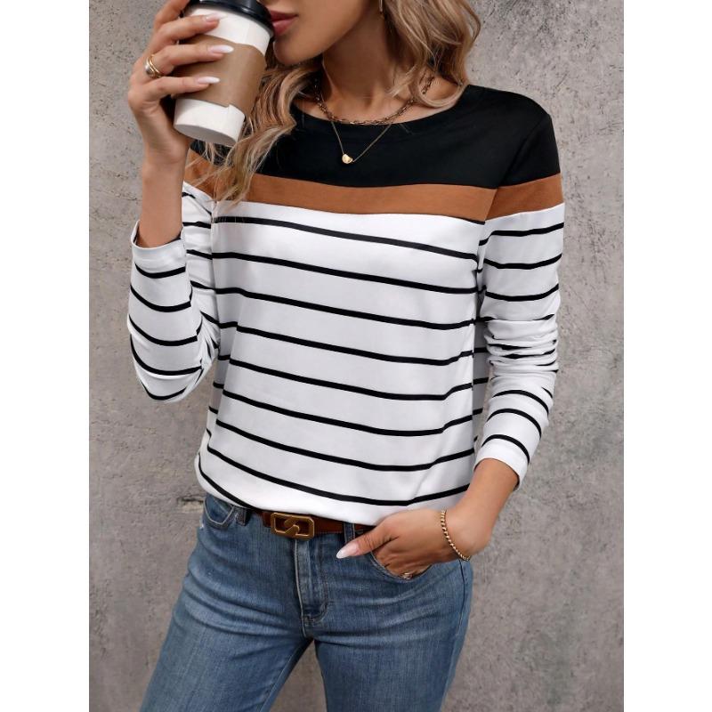Women's T-shirt 3D Stripe Color Block Print Fashion Long Sleeve Round Neck Regular Top Holiday Weekend Spring and Autumn
