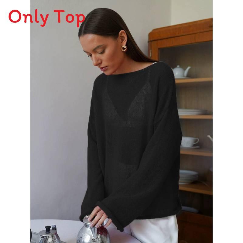 Polyester Knit Sweater With Openwork Lace Design Bell Sleeve Round Neck Summer Layering Top