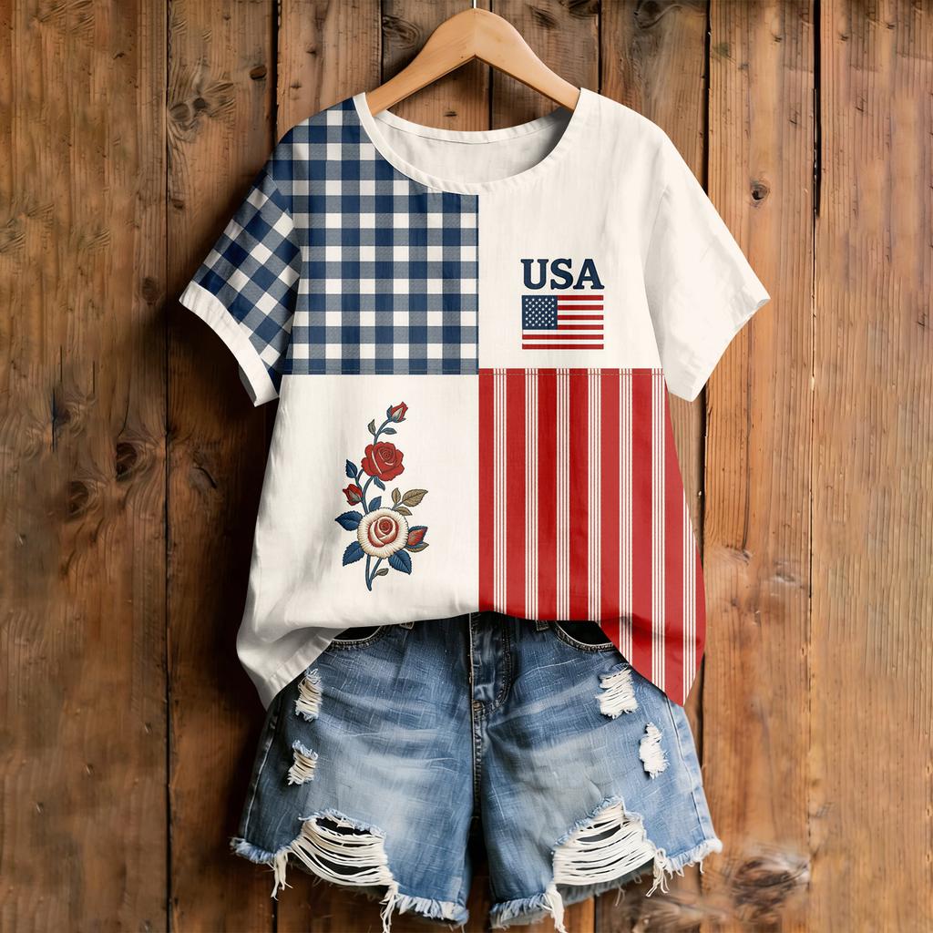 Women's American Floral Patchwork Print Casual T-Shirt 250Th Anniversary USA Shirt Patriotic Tshirt