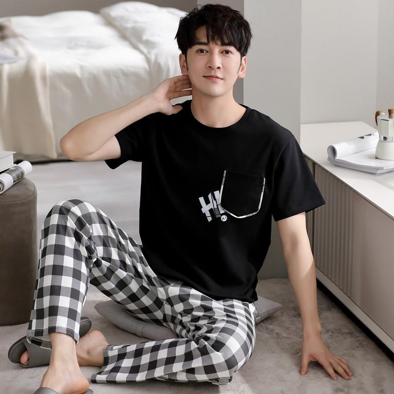 Blue Color Men's Cotton Pajamas Set for Summer Short Sleeves Sleeping Top Long Pant Nightwear Young Boy Home Clothes
