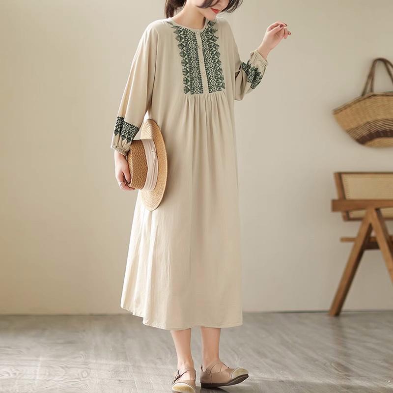 Długa sukienka damska bawełniana duży rozmiar luźna letnia retro szwy haftowana sukienka z długimi rękawami do kolan cienka duża sukienka typu swing